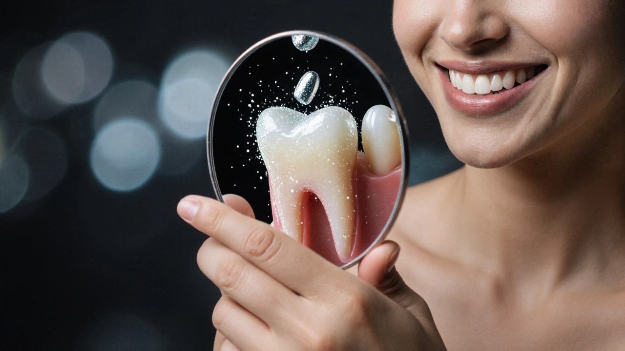 Člověk se směje, ukazuje na dokonale obnovený zub v zrcátku.