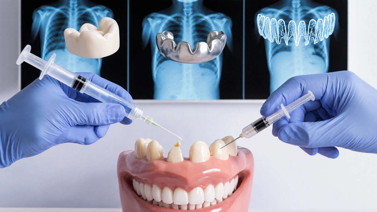 Dentální konzultace ukazující různé možnosti opravy předního zubu – korunka, kompozit a fazetka.