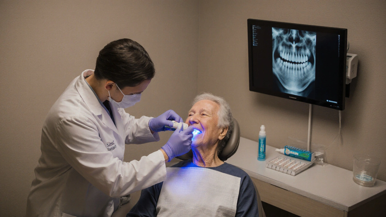 Dentista kontroluje mezizubní oblast laserovým sondem, na pozadí rentgen.
