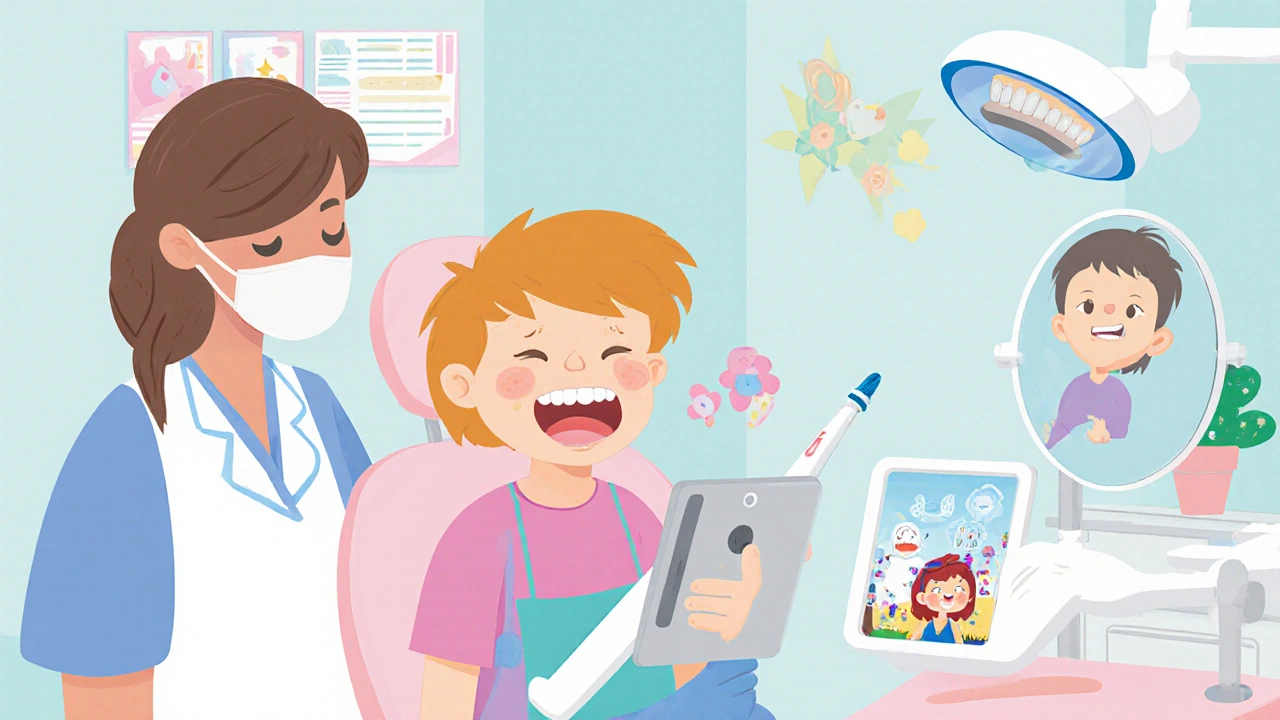 Dětský zubař odstraňuje zubní kámen ultrazvukovým nástrojem během návštěvy.