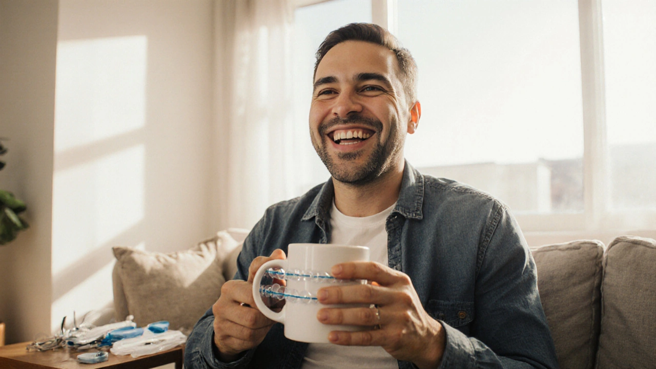 Dospělá žena s průhlednými rovnátky v domácím prostředí, šťastně se usmívá.