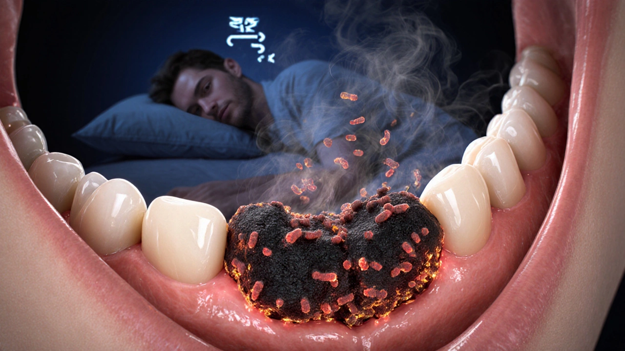 Mikroskopický pohled na bakterie a černý zubní kámen na zubech, s příznaky zánětu šířícími se do tkání.