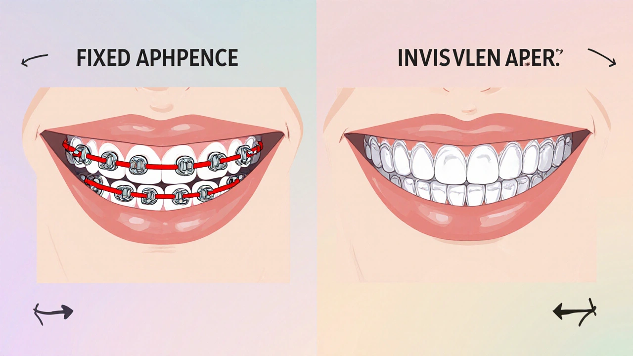 Porovnání tradičních kovových aparátů a průhledných Invisalign alignerů.