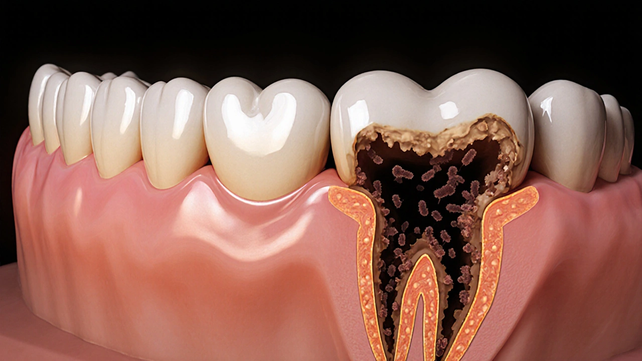 Příčný řez zubem ukazující rozvoj díry od skloviny k dentinu.