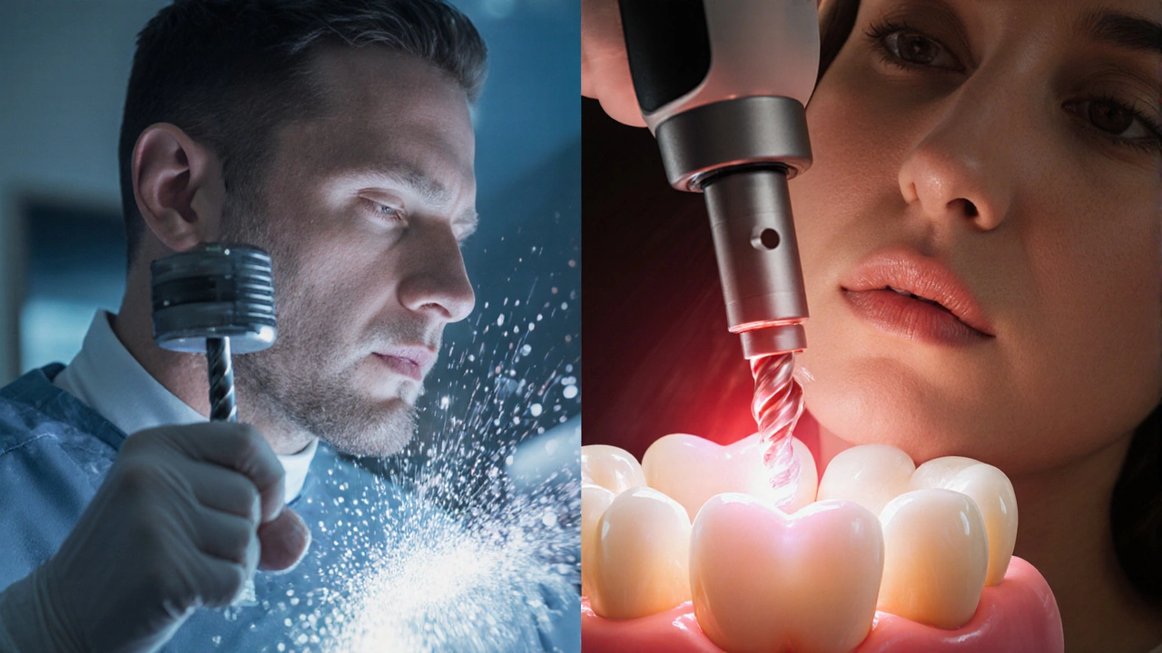 Rozdělená scéna: tradiční vrták versus laserová terapie na zubu.