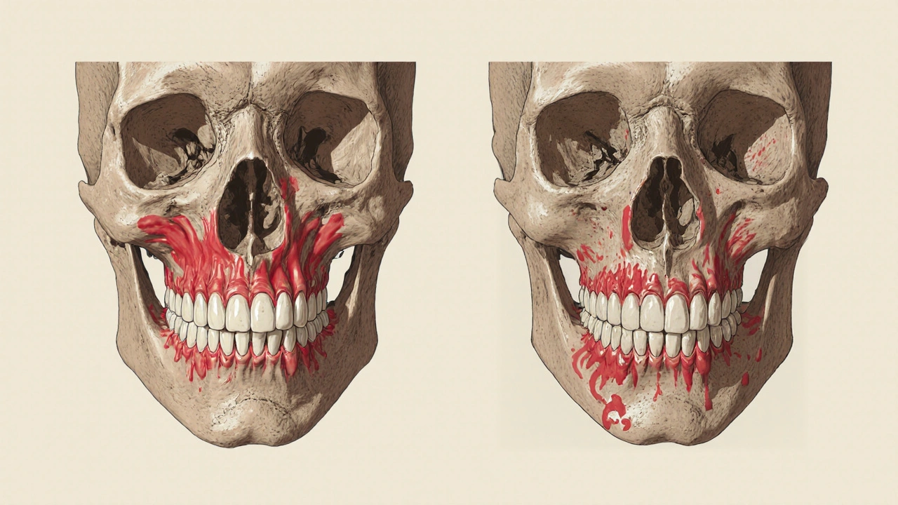 Srovnání starověké a moderní čelisti s rozdílným počtem zubů a prostoru.