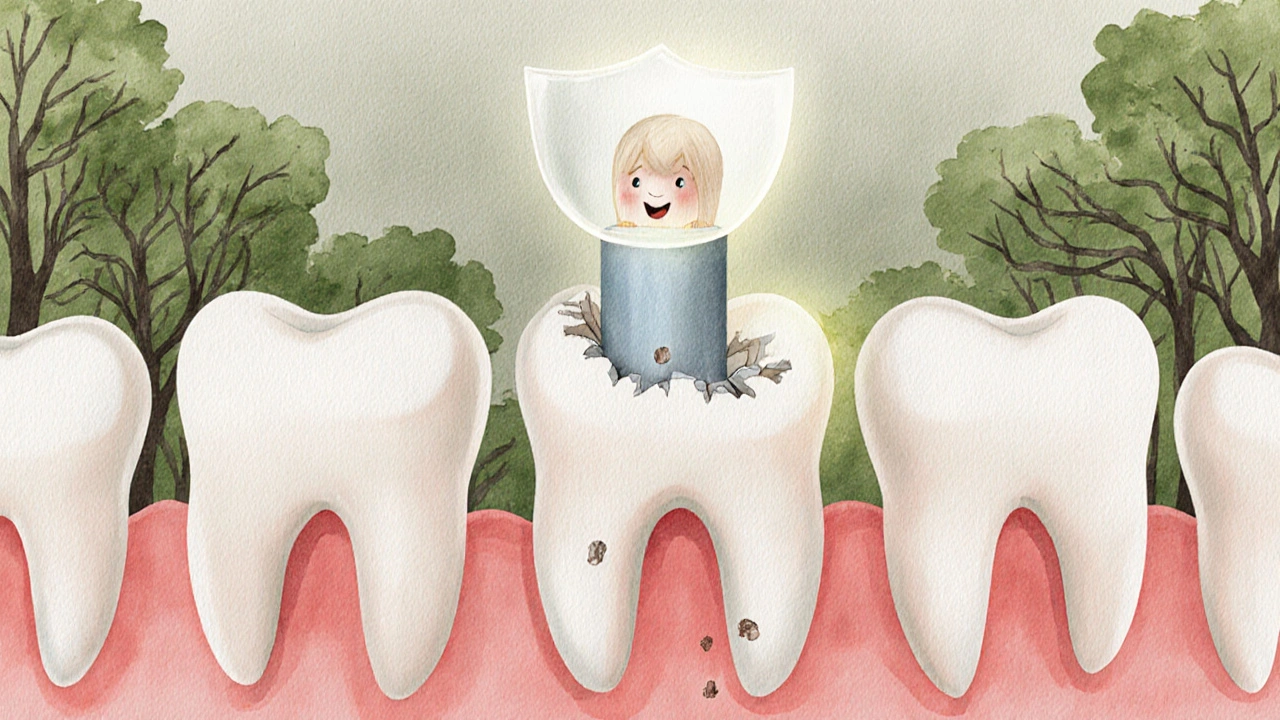 Symbolický obrázek mléčného zubu jako pilíře pro trvalé zuby s poškozením způsobeným kamenem.