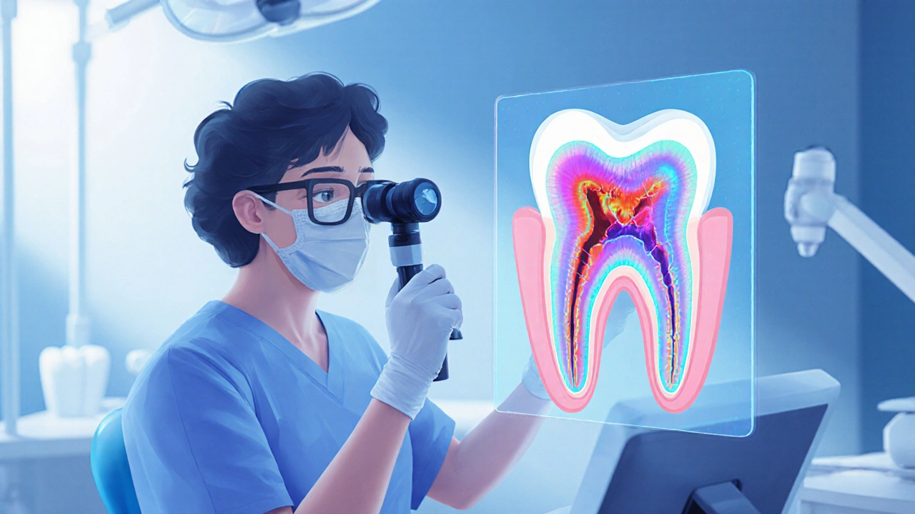 Zubař kontroluje zub pomocí lupy, zatímco se zobrazují rentgen a 3D sken.