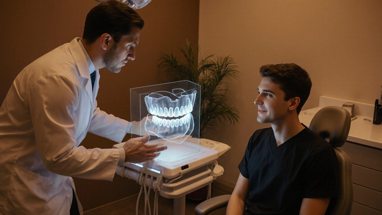 Zubař ukazuje pacientovi 3D model úsměvu v moderní klinice s teplým osvětlením.