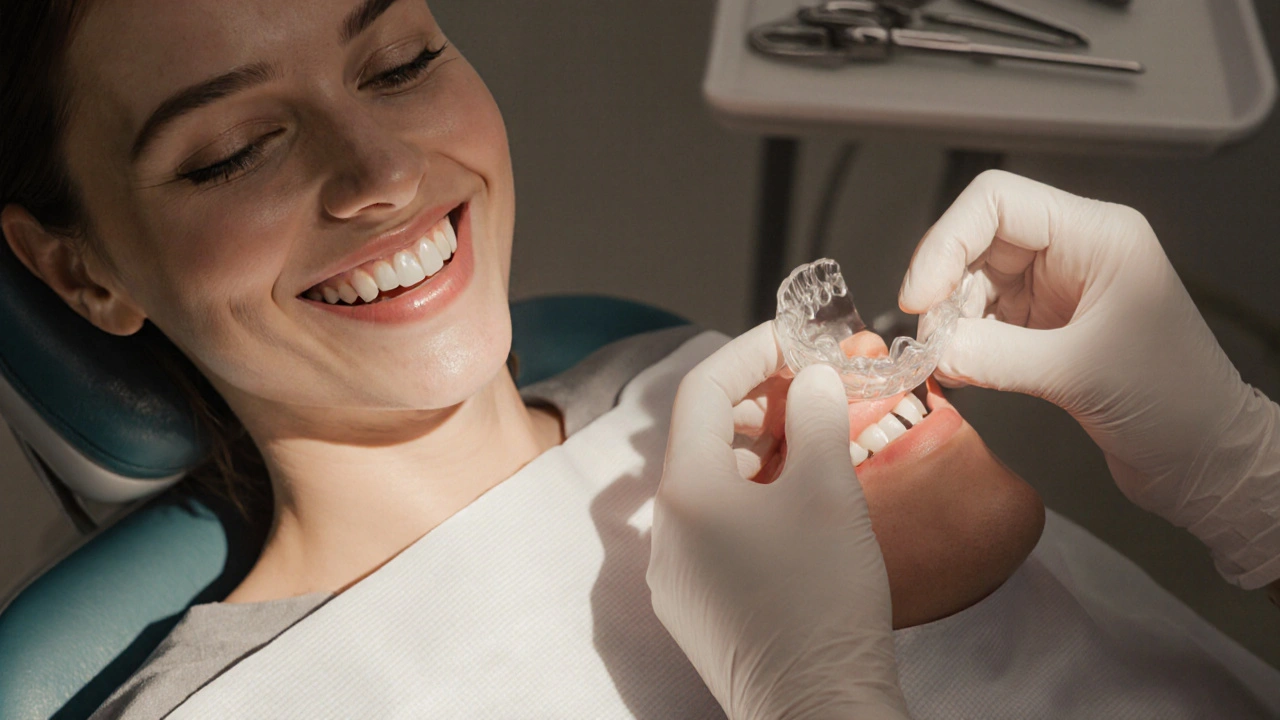 Zubní lékař nasazuje keramickou korunku na připravený zub.