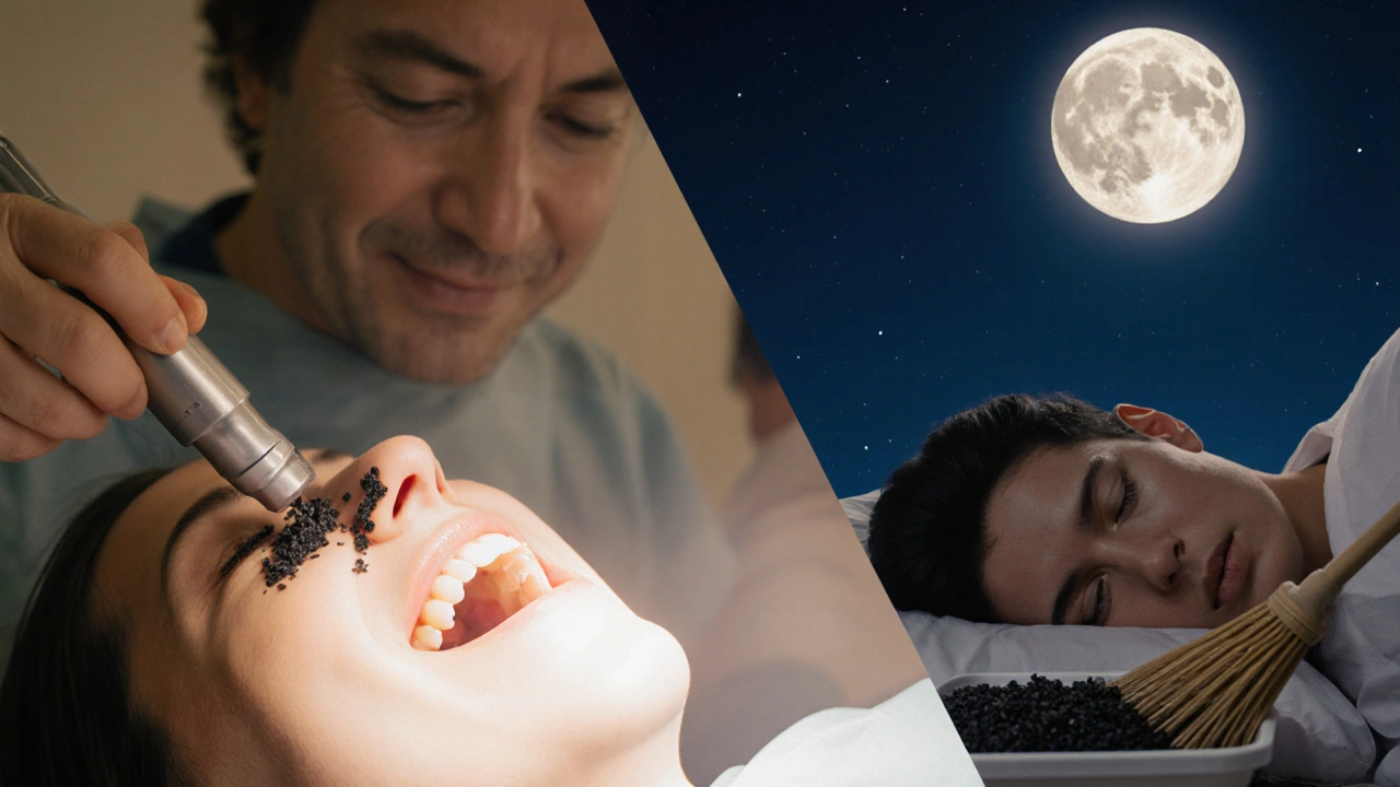 Zubní lékař odstraňuje černý zubní kámen ultrazvukem, zatímco pacient spí klidně za ním.