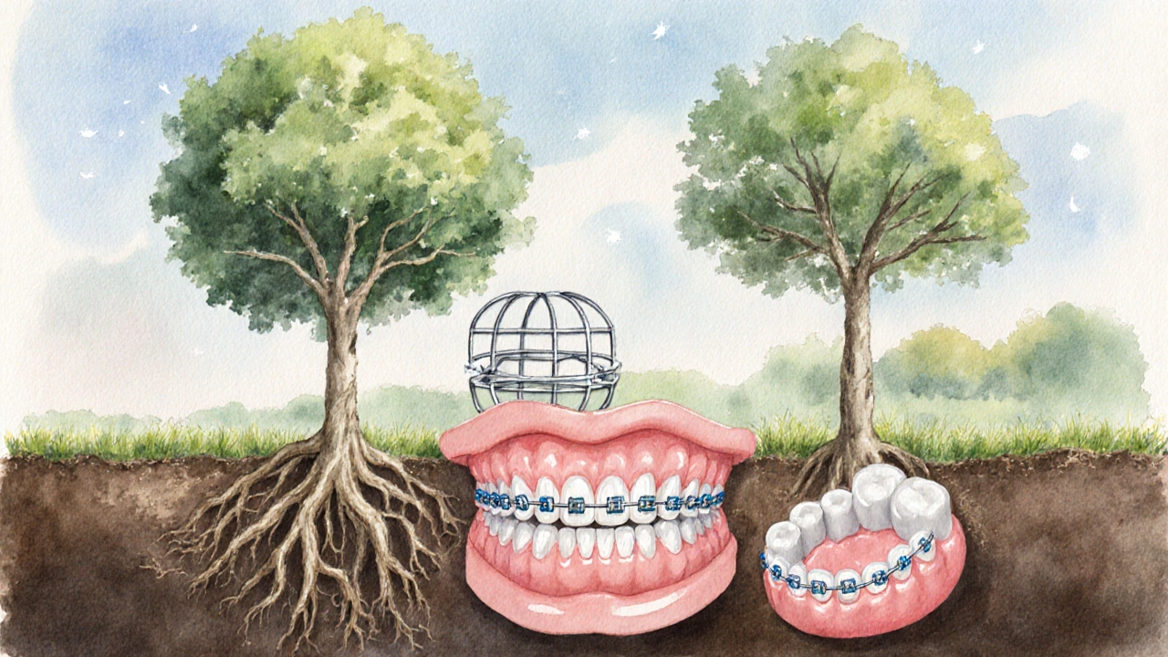 Zuby jako stromy s kořeny, udržované retentorem po sundání rovnátek.