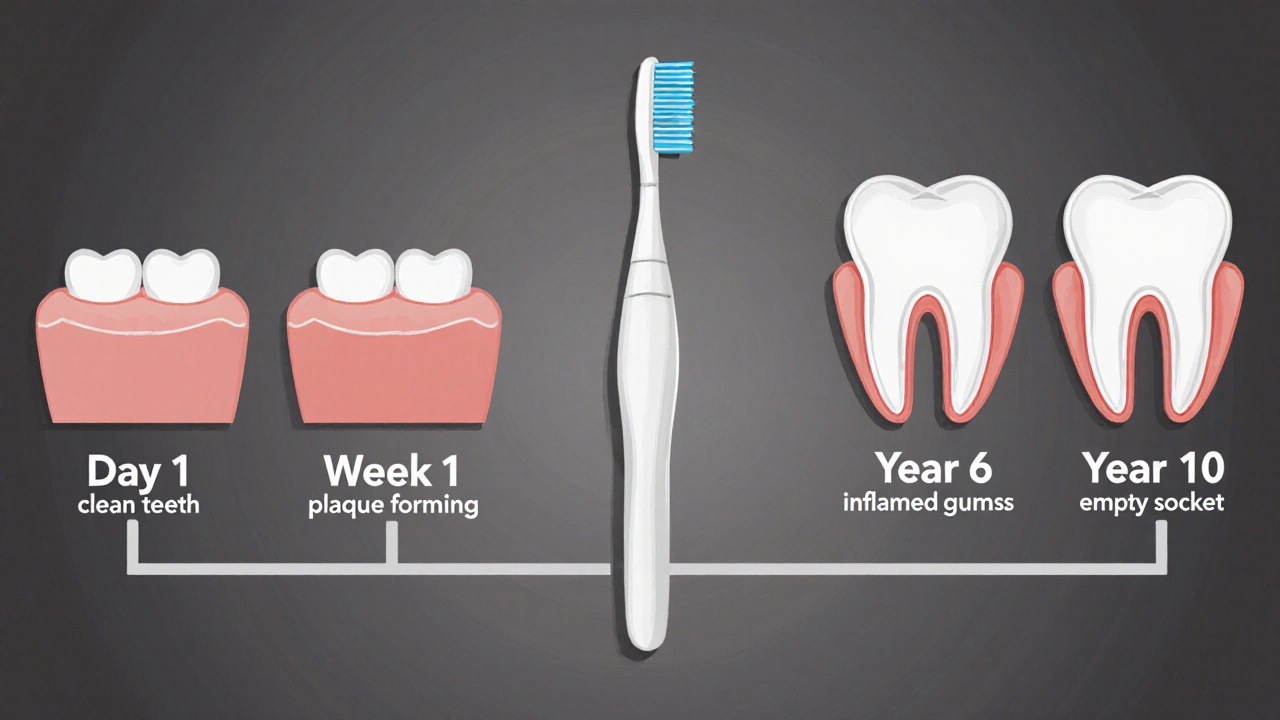 Časová osa zdraví zubů s mezizubním kartáčkem jako řešením.