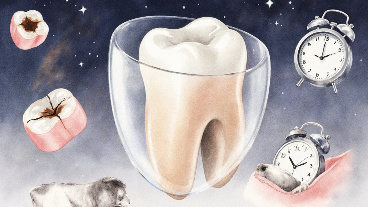 Ceramic veneer as a translucent shield protecting a tooth, surrounded by symbolic elements of healing and longevity.