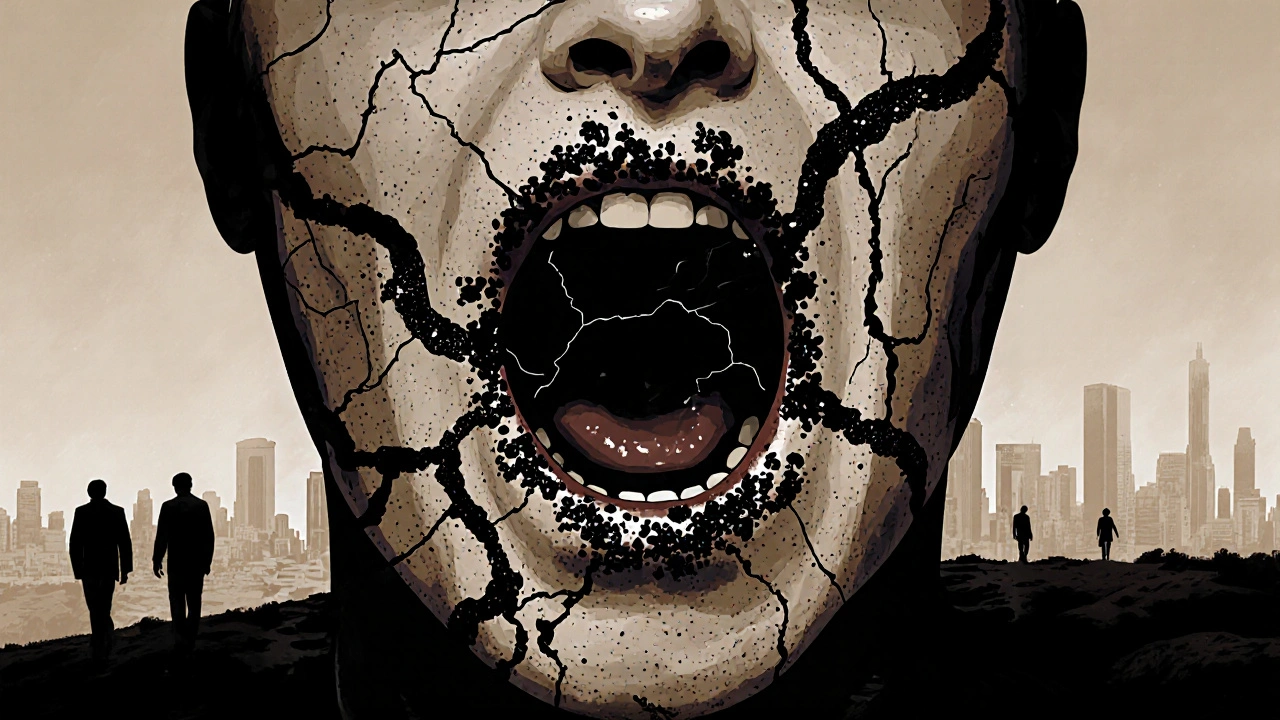 Černé kameny na zubech jako kámen, který se mění v monument, kolem něj se odvíjí izolované postavy.