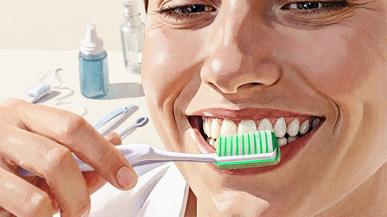 Člověk čistí zuby, kolem zubů se objevuje jemné záření remineralizace