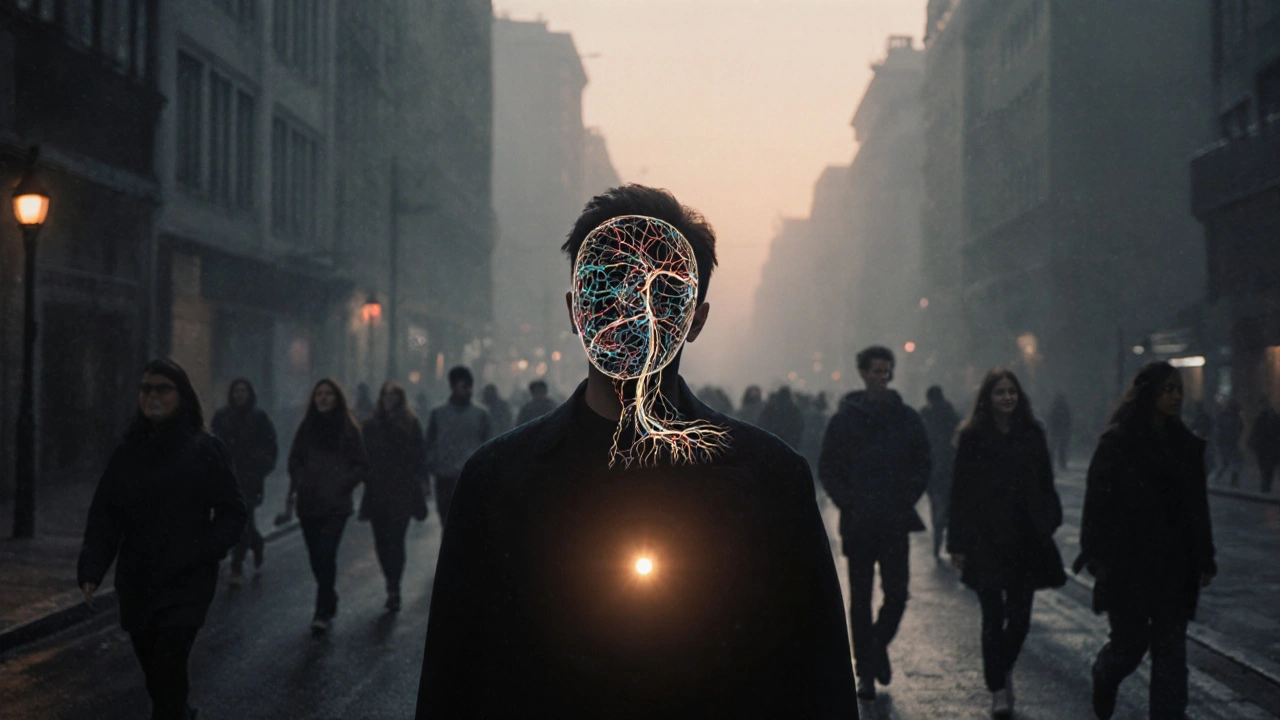 Člověk s průhlednou tváří prochází mlhavou ulicí, uvnitř jeho hlavy se přepojují nervové cesty, světlo označuje přijetí.