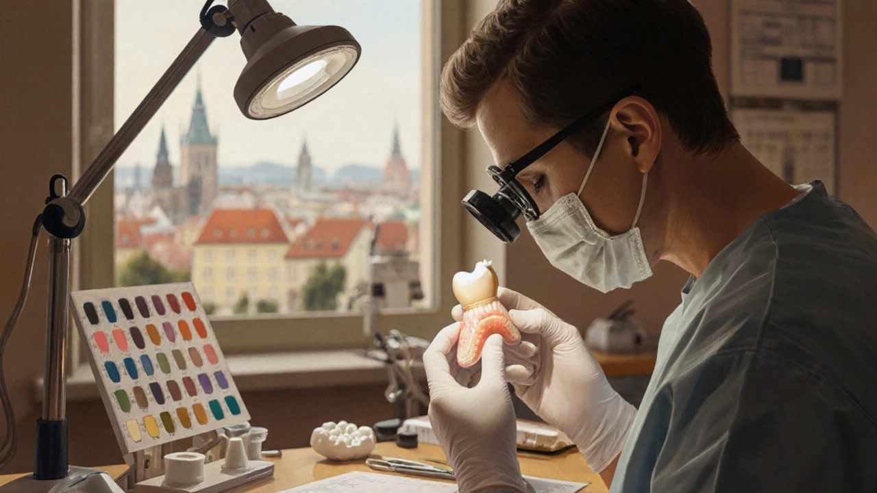 Dentální technik v laboratoři pečlivě prohlíží keramickou fazetu pod lůžkem s lůžkem.