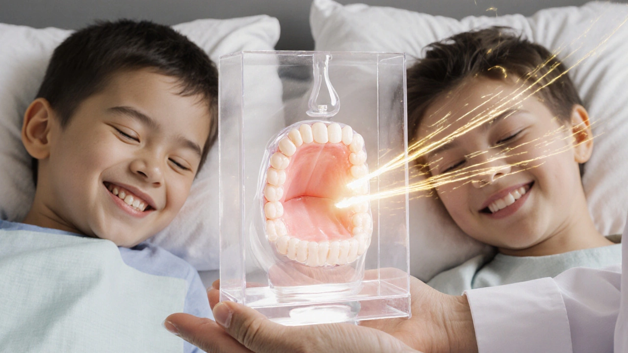 Dentista ukazuje rozšiřovací zařízení na 3D modelu čelisti s otevřenými dýchacími cestami.