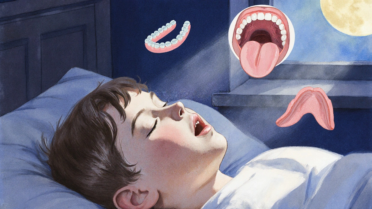 Dítě spí s otevřenými ústy, kolem něj jsou viditelné blokované dýchací cesty.