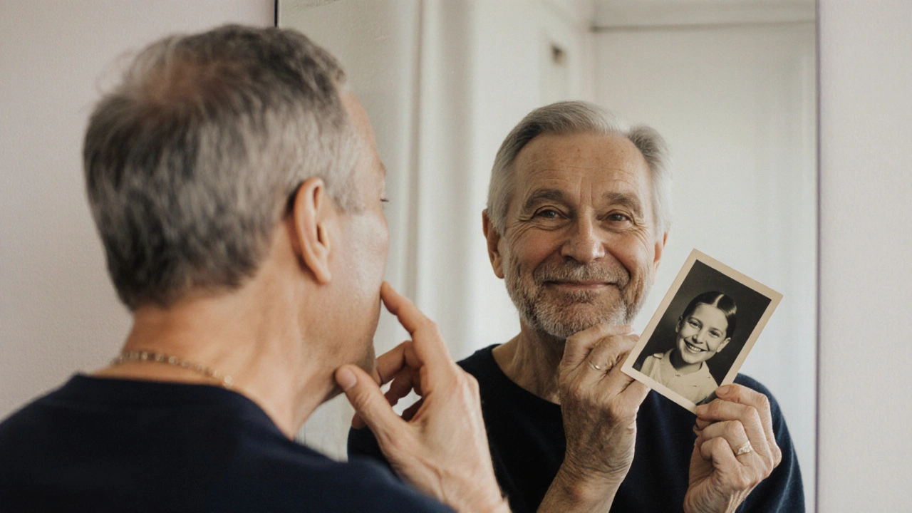 Dospělý člověk se dívá do zrcadla, dotýká se rtů a připomíná si starou fotografii s uzavřeným úsměvem.