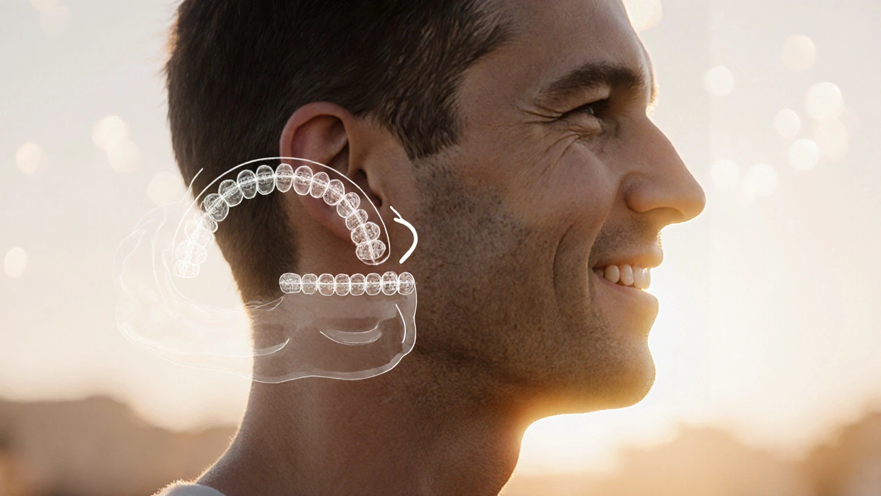 Dospělý s orthodontickými alignery, jeho zuby se postupně vyrovnávají, zlepšují výslovnost.