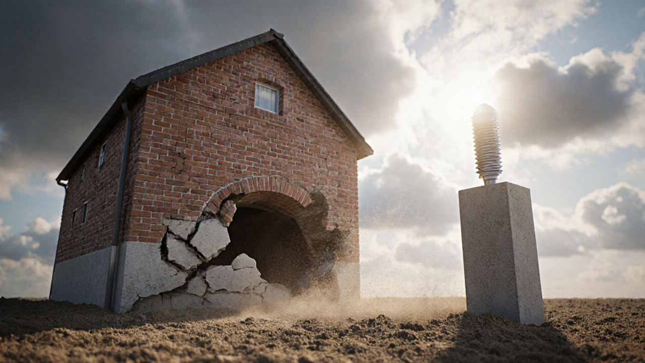 Dům s korunkou na pokročilě zničeném základě a novým implantátem v pevné zemi.