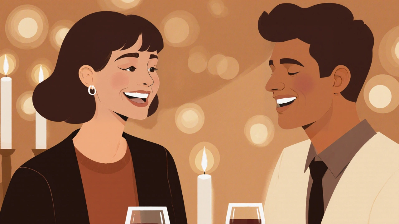 Dva lidé na rande: jeden se směje otevřeně, druhý skrývá úsměv, světlo svíček je pozadí.