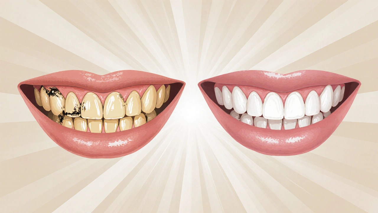 Dva úsměvy: jeden s nekvalitními, žlutými fazetami a druhý s přirozeně vypadajícími kompozitními fazetami.