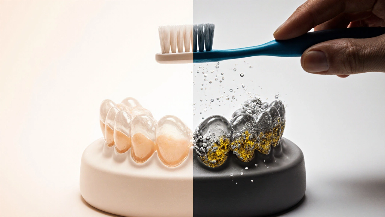 Dvojité zobrazení čistého a znečištěného retaineru s bakteriálním filmem.