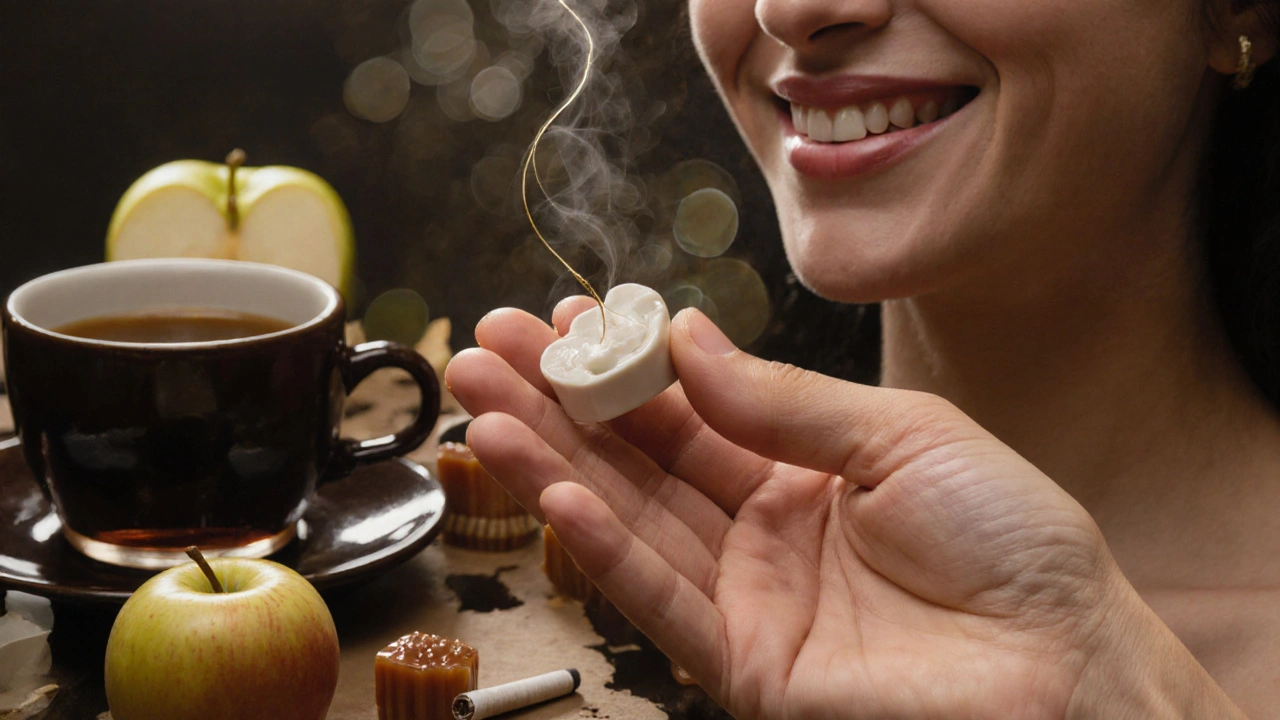 Keramická fazeta spojená zlatou nití s symboly, které ji ohrožují, a dokonalým úsměvem.