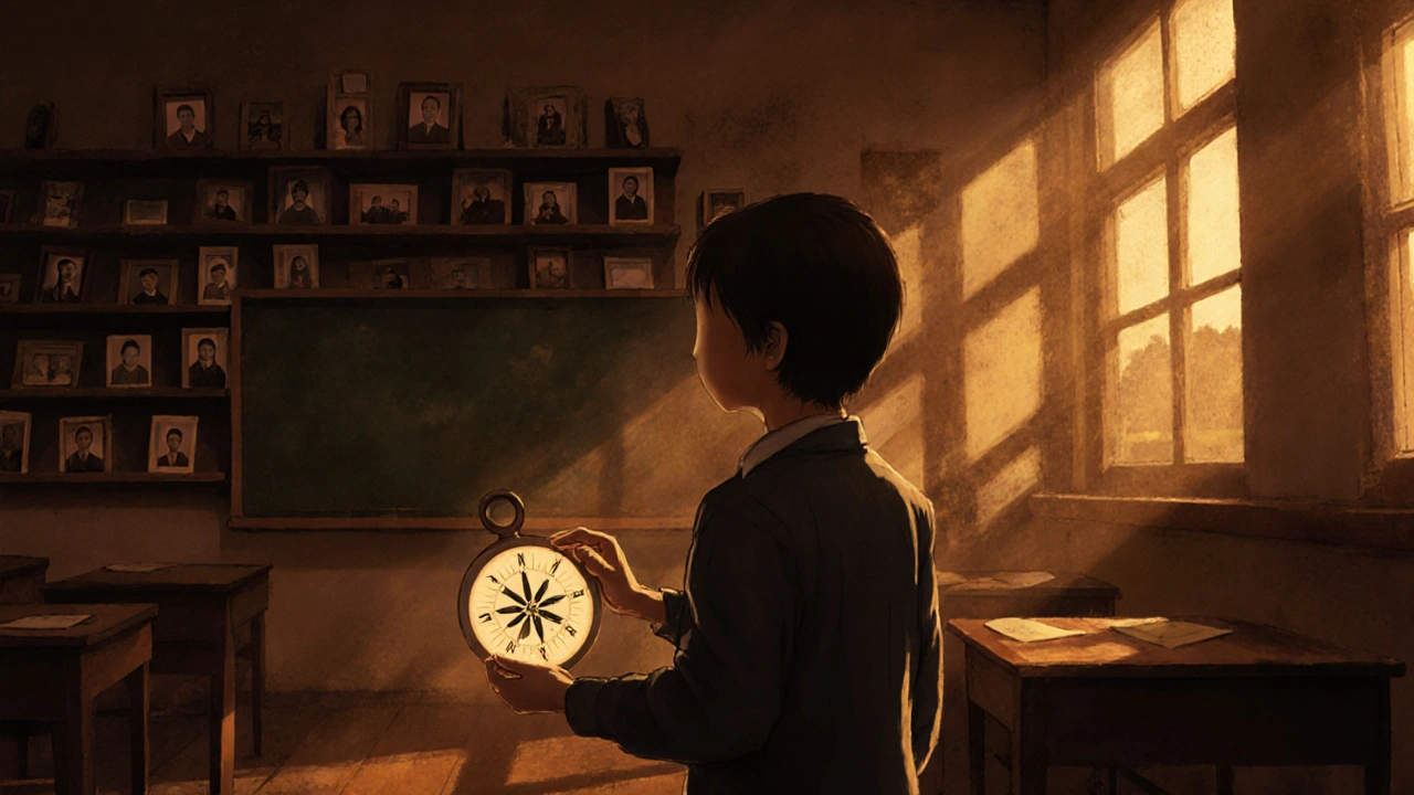 Klasická třída ve večeru, kde neznámá postava drží kompas místo křídy, kolem ní staré fotografie.