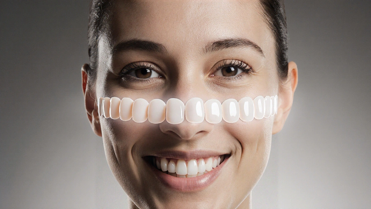 Konceptuální obrázek tváře, kde zuby postupně přecházejí z nekvalitních na dokonalé fazety.