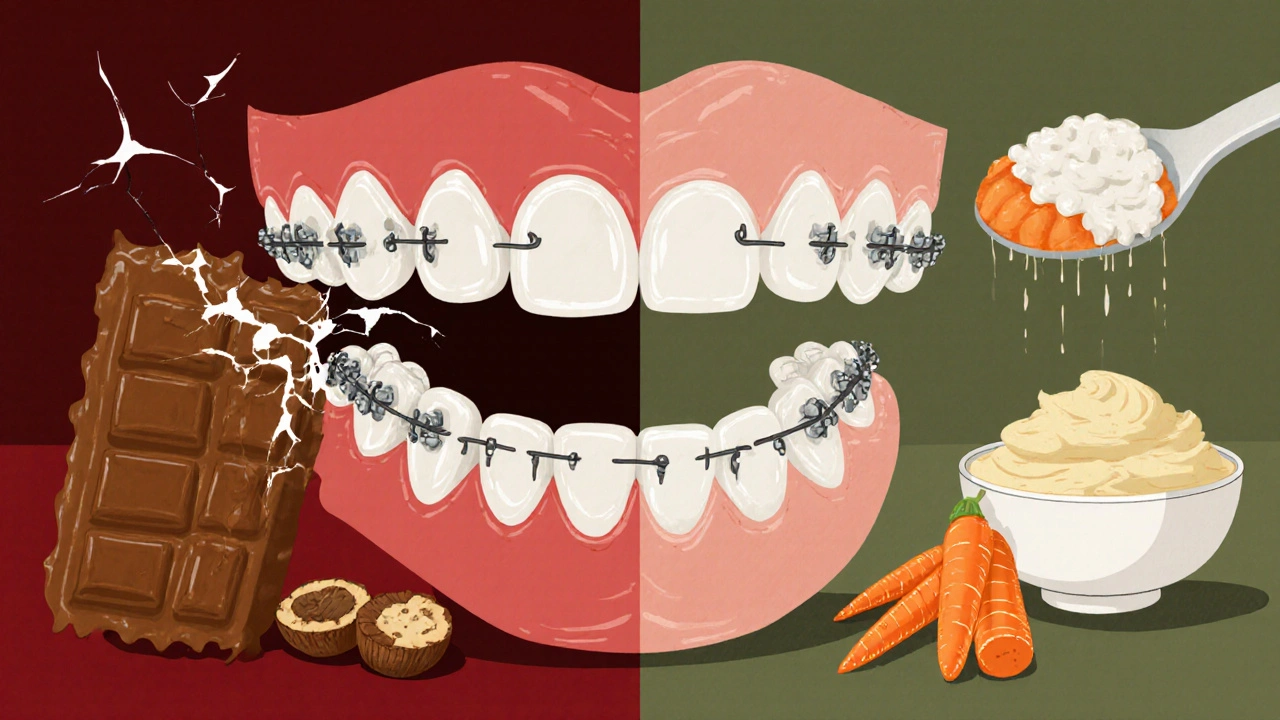 Kontrast mezi zakázanými a bezpečnými potravinami pro rovnátka.