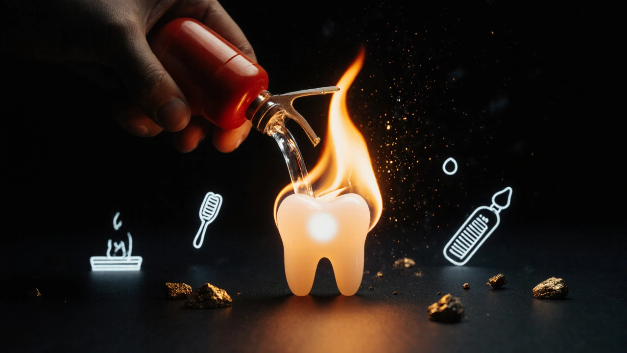 Malý oheň ve tvaru zubu je uhašen vodou, symbolizující zastavení kazu