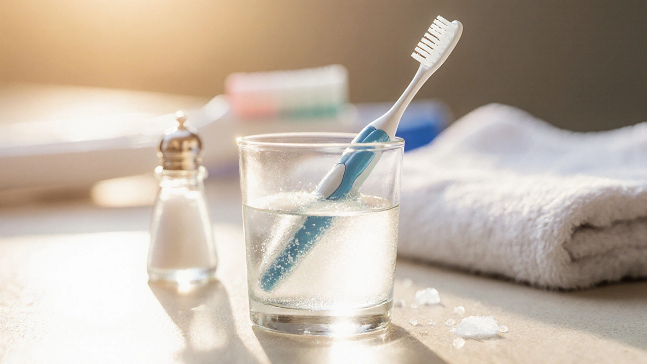 Mezizubní kartáček namočený ve slané vodě pro hluboké čištění.