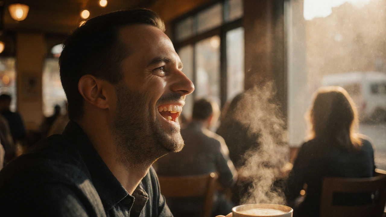 Muž se směje v kavárně, jeho keramický zub vypadá jako skutečný.