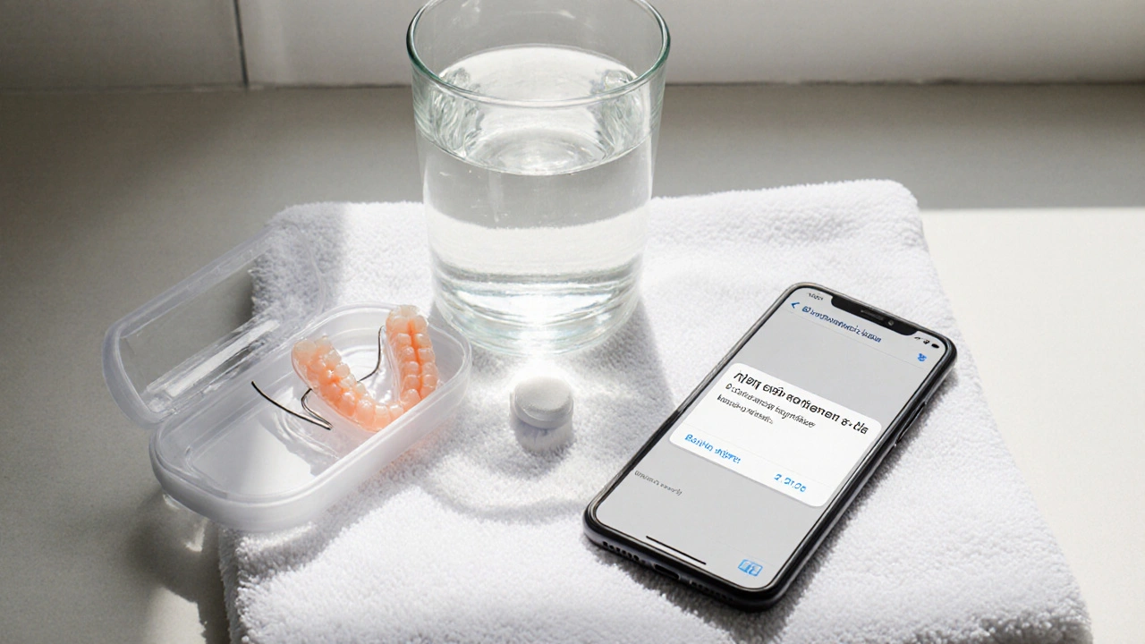 Neviditelné rovnátko leží na ručníku vedle případu a telefonu s připomínkou.