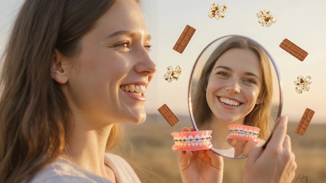 Osoba po odstranění rovnátek se dívá do zrcadla a drží retenční držák, zářivý úsměv.