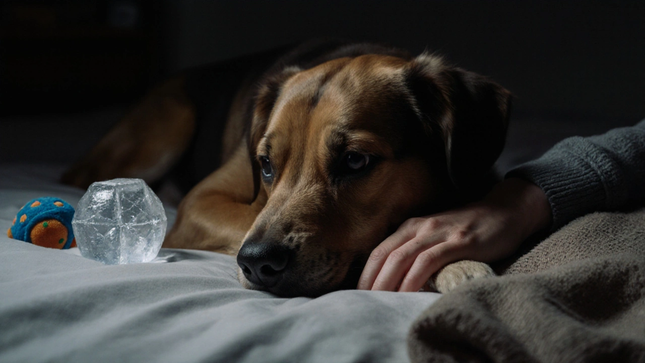 Pes se opírá o majitele s vodou zamrazenou v hračce a kouskem látky vedle sebe.