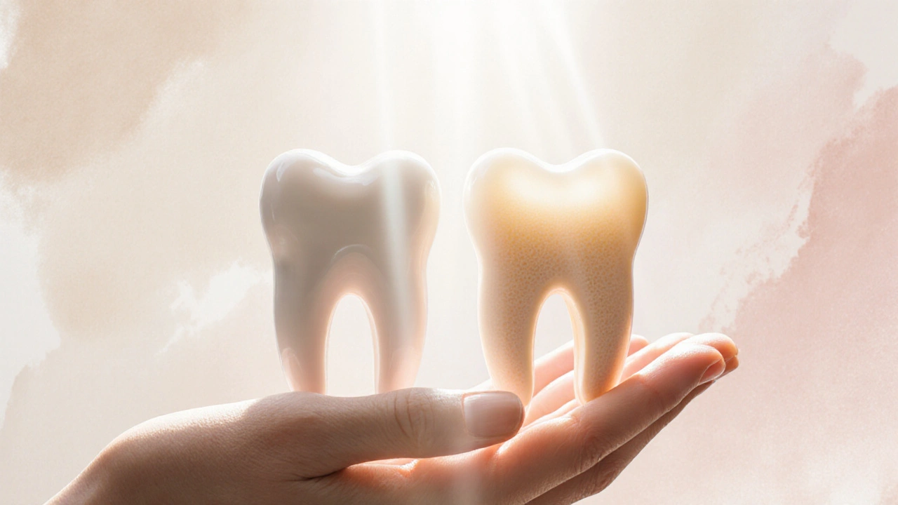 Porcelánový zub vedle přirozeného zubu pod jemným světlem.