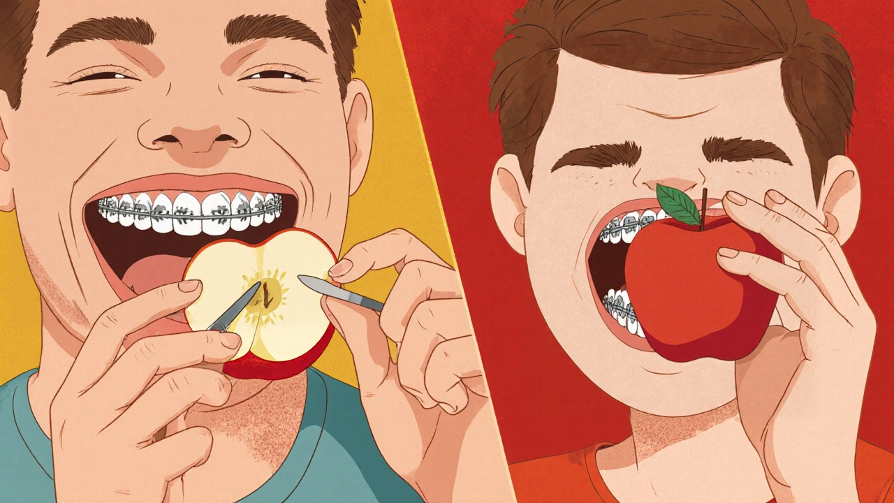 Porovnání správného a špatného způsobu kousání s rovnátky – kousání z boku vs. zepředu.