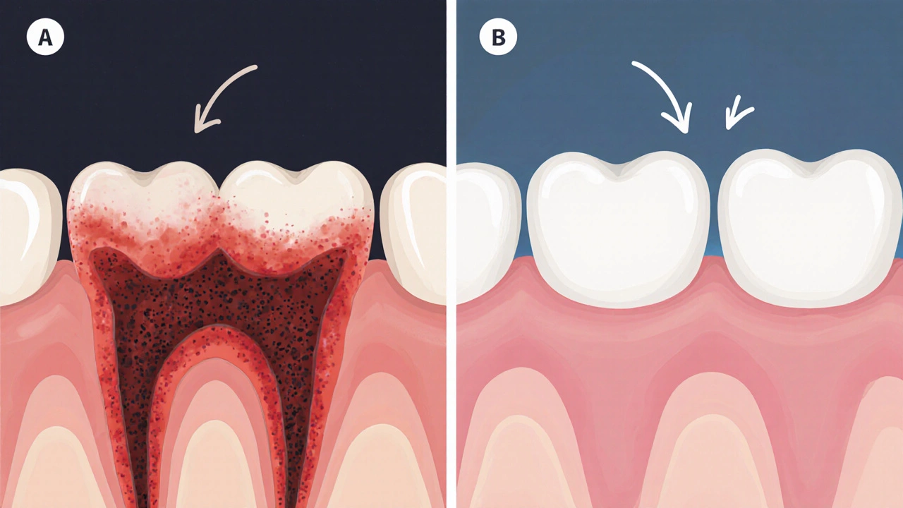 Porovnání zdravých a zánětlivých dásní s viditelným zubním kamenem a infekcí.