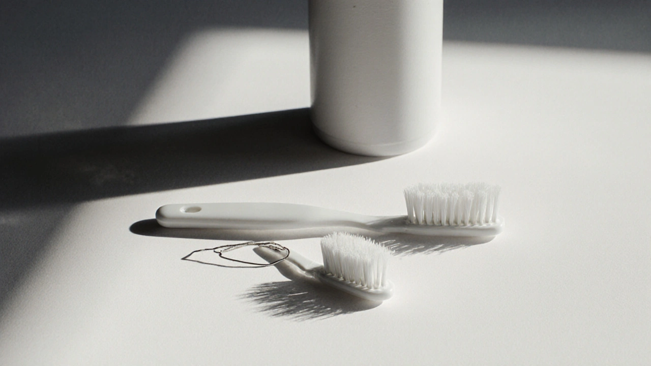 Poškozený a nový mezizubní kartáček vedle sebe na čistém povrchu.