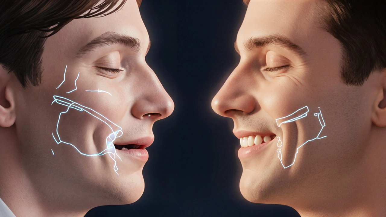 Před a po operaci: vyrovnaný obličej po opravě nesprávné polohy čelisti.