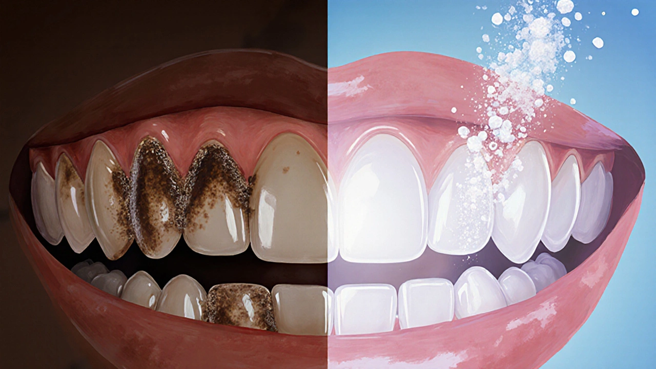Před a po: zuby s tmavými skvrnami a zubním kamenem přecházejí do bělajícího, hladkého vzhledu.