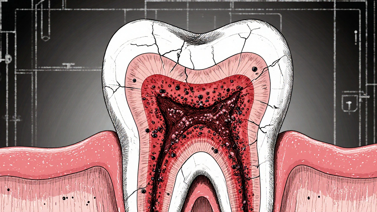 Příčný řez předního zubu s zánětem pulpy a šířením infekce.