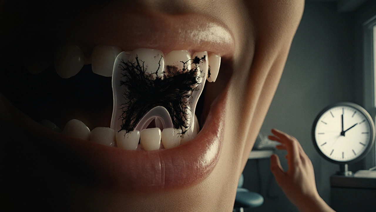 Průhledný přední zub s mrtvým nervem a šířící se infekcí, symbolizující nebezpečí.