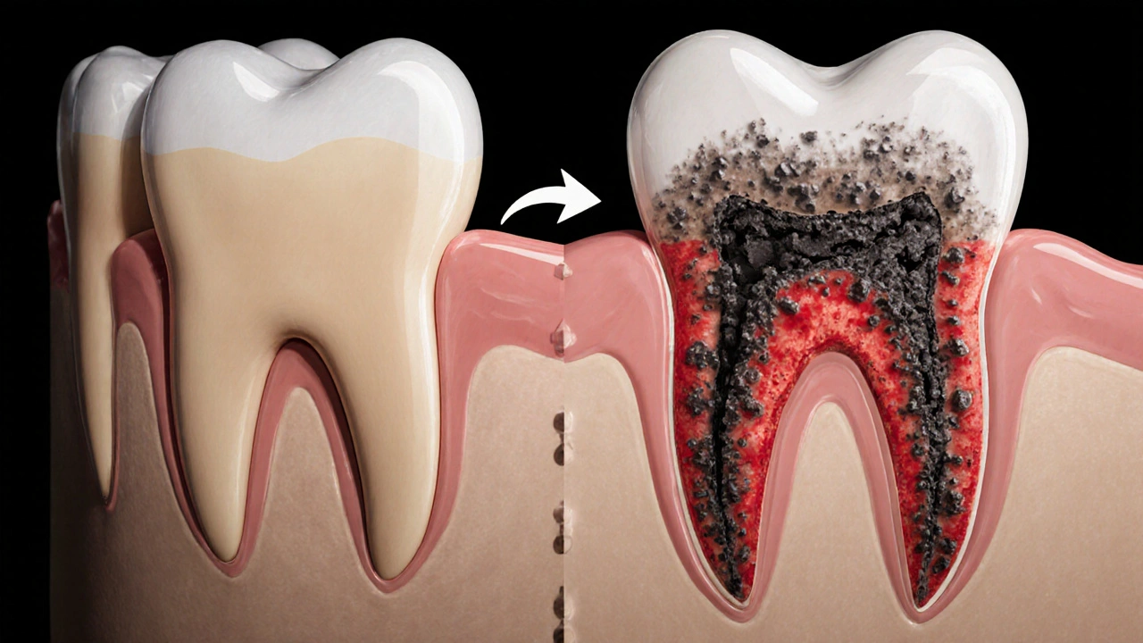 Průřez čelisti ukazující zdravou dásen a hluboký parodontální chobot s bakteriemi.
