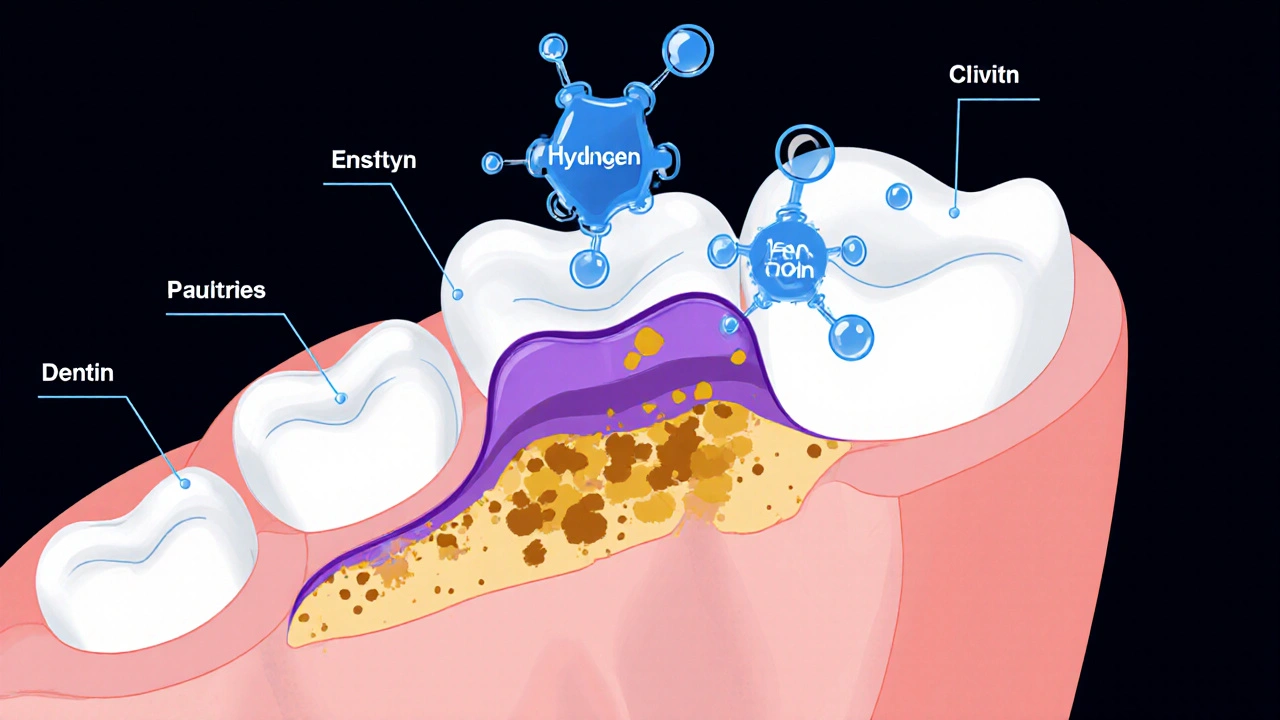 Průřez zubu s molekulami peroxidu vodíku pronikajícími do skloviny a rozkládajícími pigmenty.